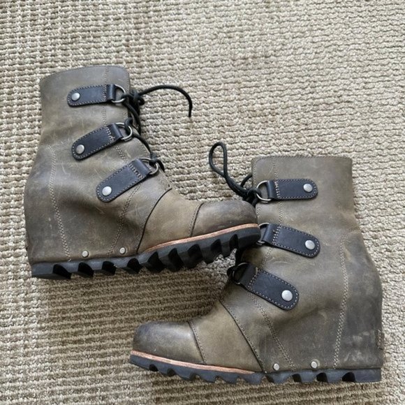 SOREL Joan Of Arctic Leather Wedge Boot Mid Calf Distressed Brown - Picture 5 of 6